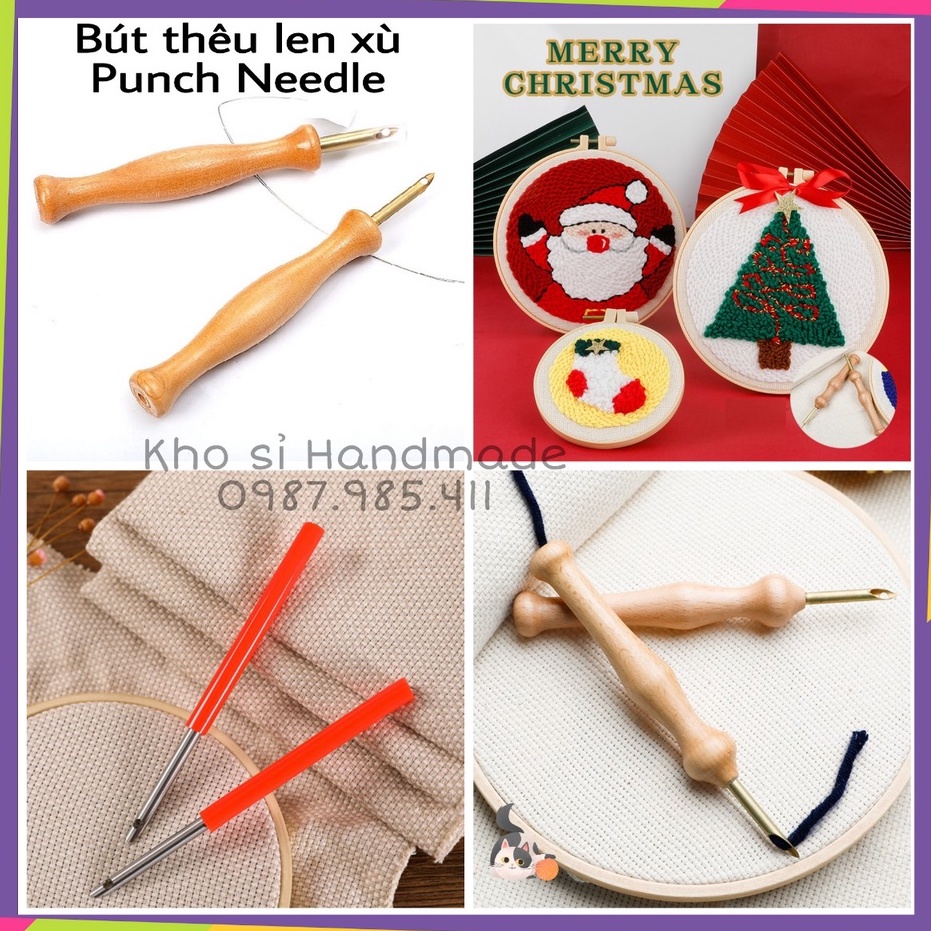 Bút gỗ thêu len xù, punch needle tools và bút đỏ đơn giản làm thêu nổi từ sợi len