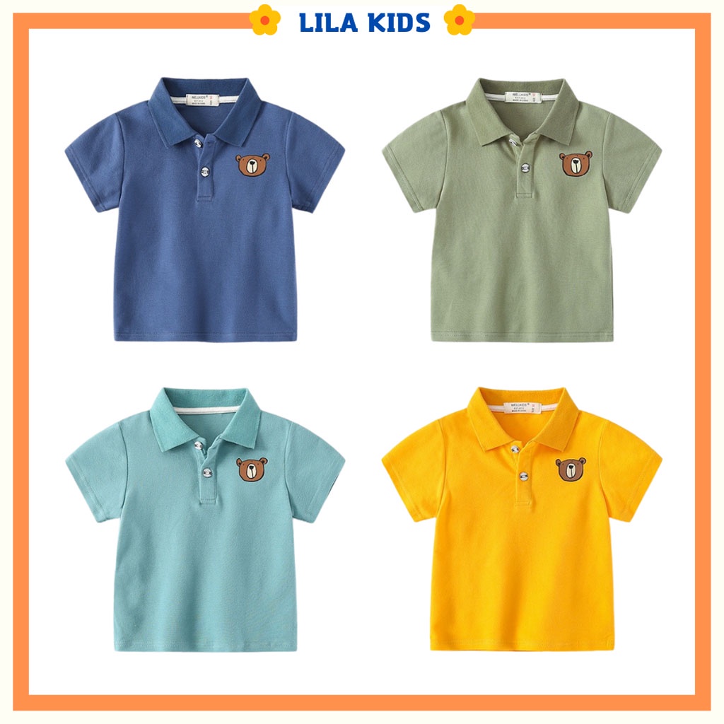Áo Polo In Hình Gấu Ở Ngực Cho Bé , Áo Cộc Tay Cho Trai Chất Cotton Cho Bé từ 6-28kg