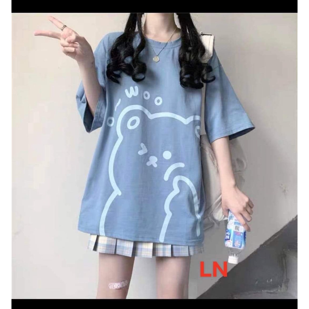 Áo phông nữ,Áo thun nữ unisex gấu Woo form dáng thụng rộng tay lỡ màu xanh hồng