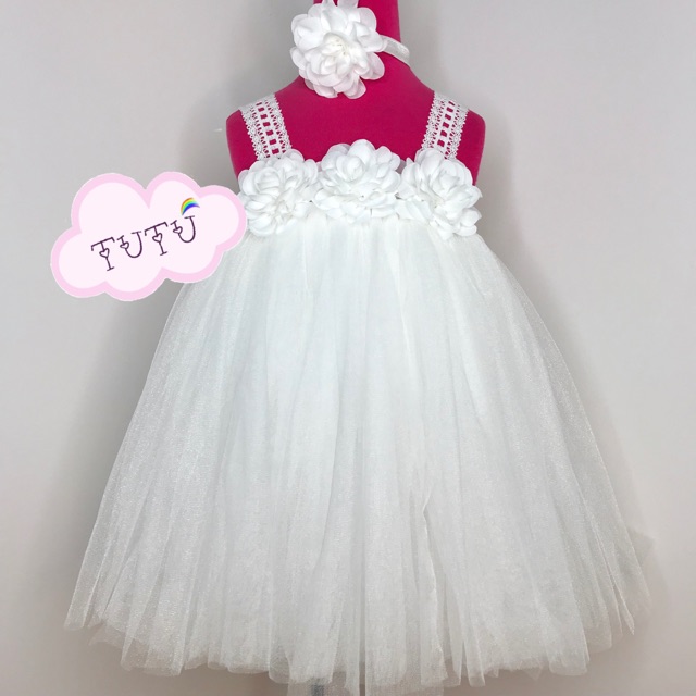 Váy công chúa - váy tutu trắng đính hoa voan kèm băng đô