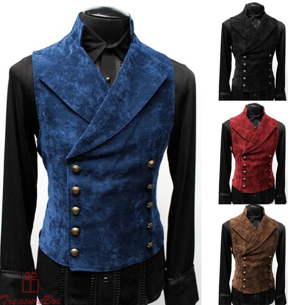 Mens Retro Lapel Button Vest Medieval Handsome Fashion Double Breasted Coat