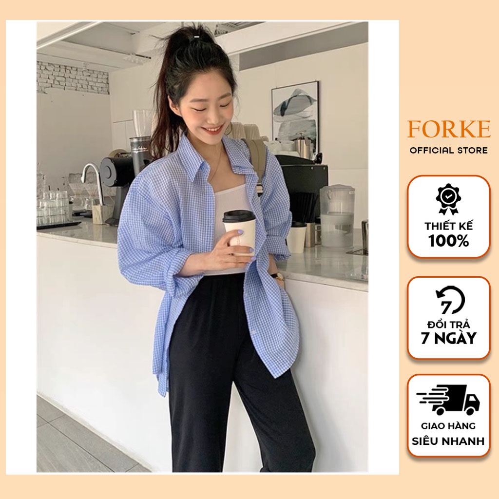 Áo Sơ Mi Nữ Kẻ Đuôi Tôm Vải Xốp 🦋 Áo Somi Dài Tay Dáng Thụng 2 Màu