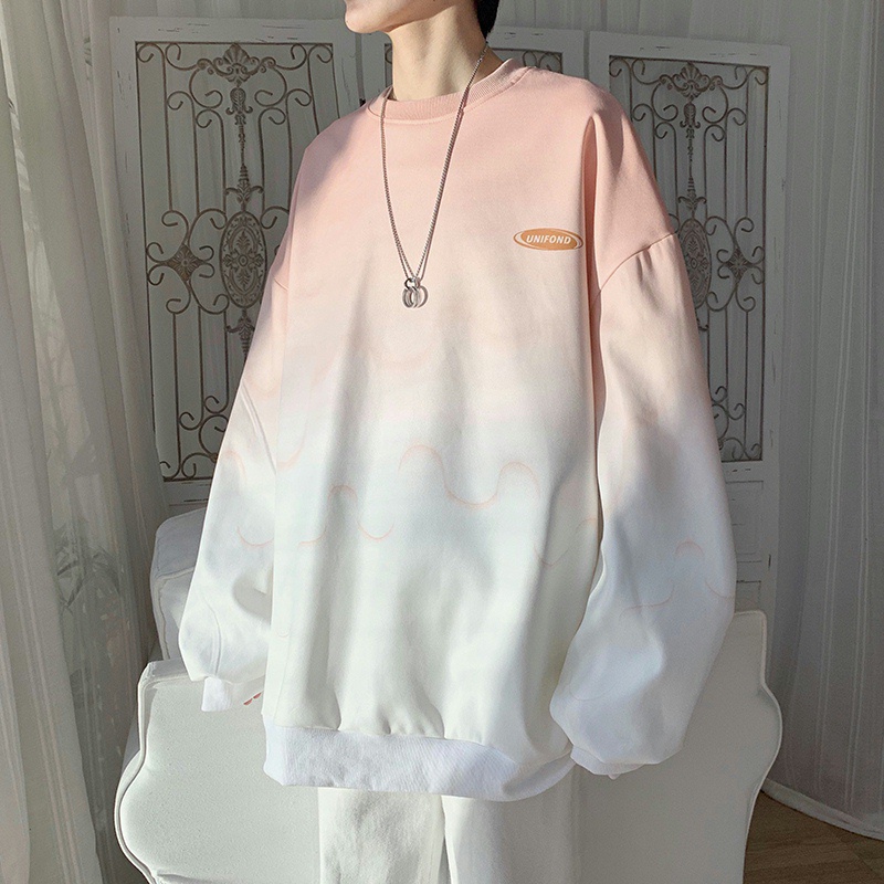 Áo sweater cổ tròn dáng rộng màu gradient thời trang mùa thu cho nam giới