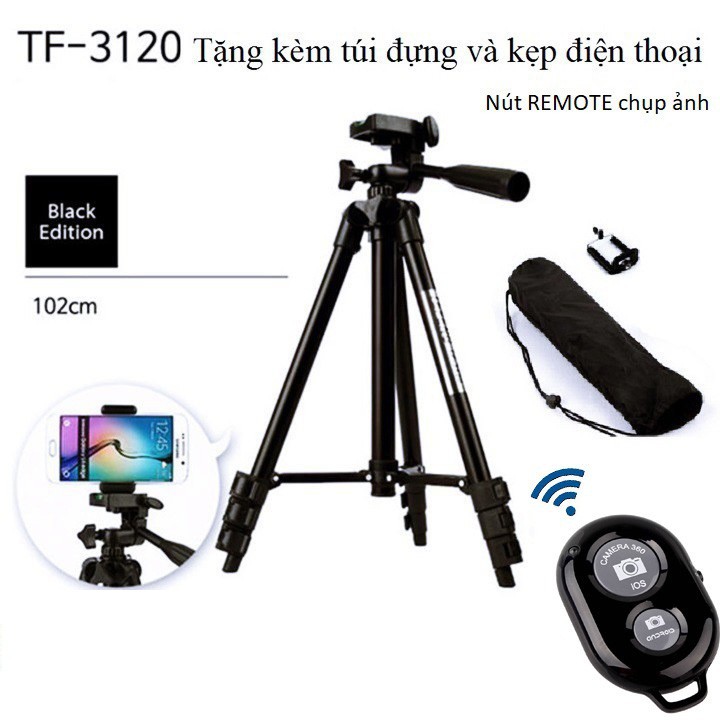 Tripod, Giá Đỡ Điện Thoại Máy Ảnh Tặng Remote Bluetooth Kẹp Điện Thoại - gậy Chụp Hình TF-3120