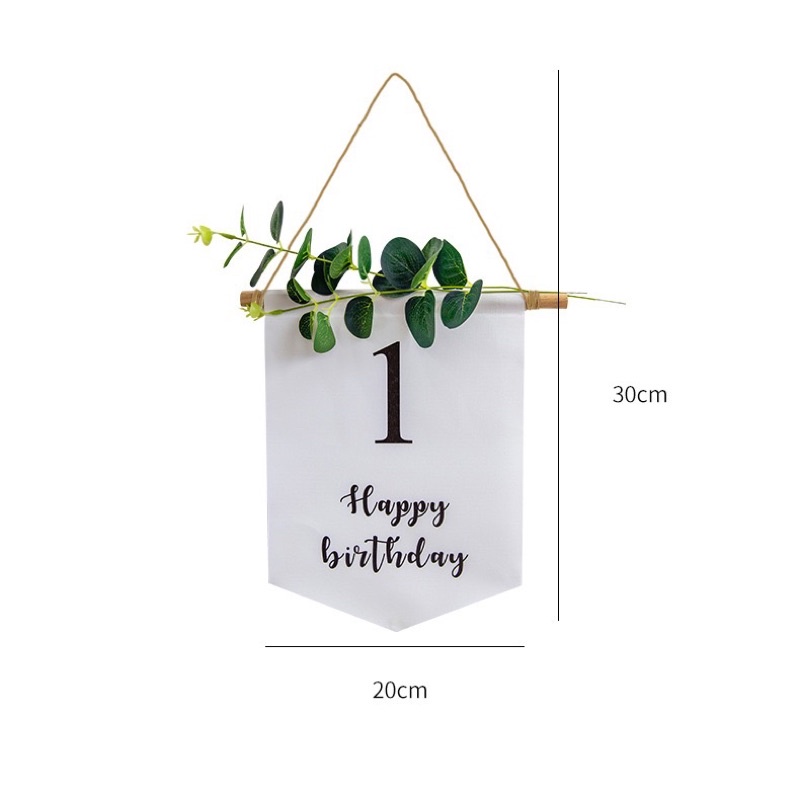 Banner Happy birthday in số bằng vải+lá trang trí và dây treo trang trí sinh nhật