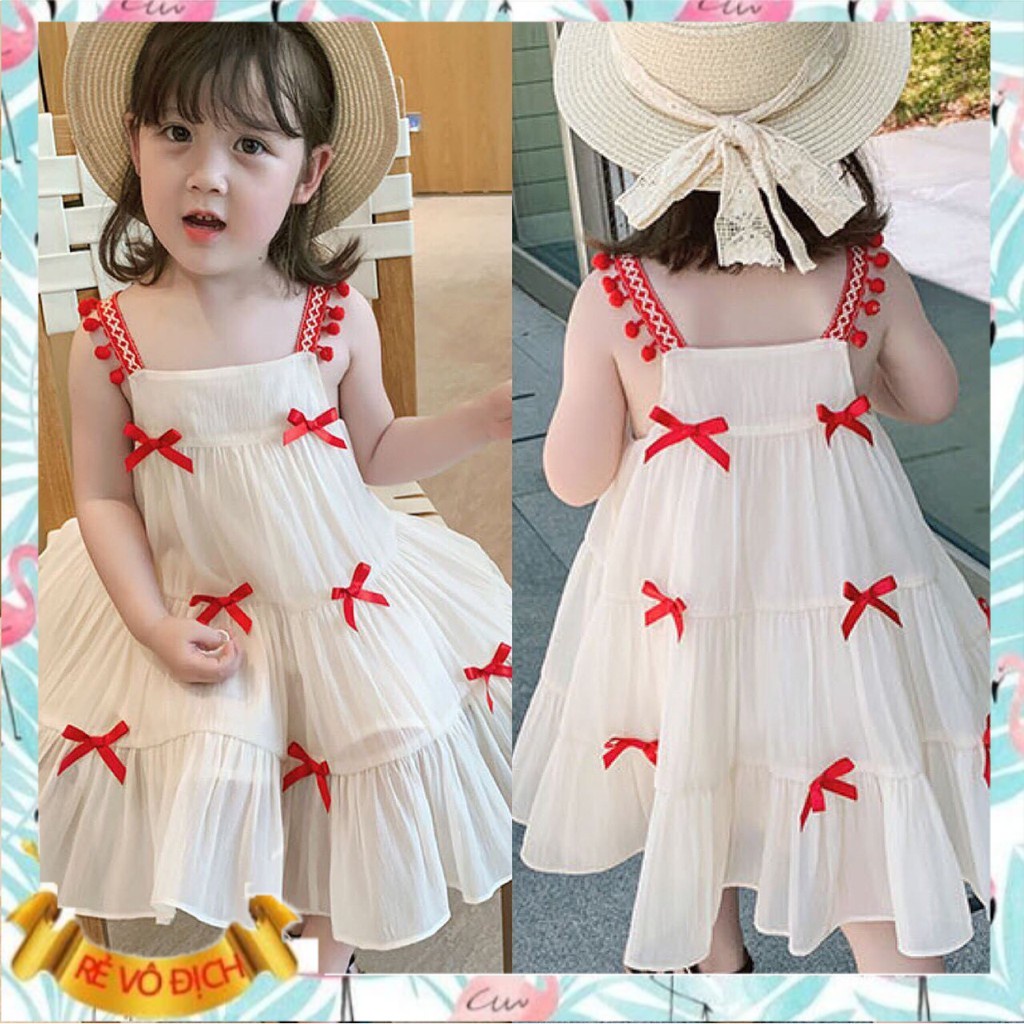 Váy 2 dây cho bé gái 2-7 tuổi đính nơ đỏ, Đầm trẻ em