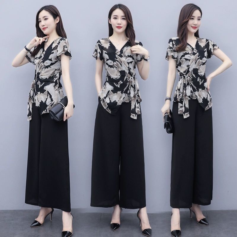 Set Áo Sơ Mi Chiffon + Quần Dài Ống Rộng Thời Trang Hè 2020 Cho Nữ