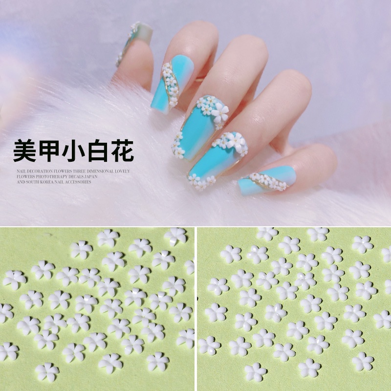 50 viên trong một gói Bông Hoa Nhỏ Màu Trắng Nhỏ Xinh Trang Trí Móng Tay Ba Chiều Phong Cách Nhật Bản