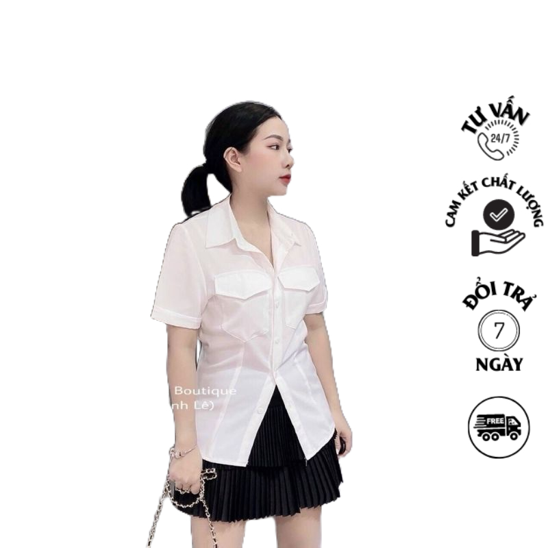 Áo sơ mi tay ngắn phối 2 túi nắp ở ngực cực xinh xắn chất kate đẹp -PC54