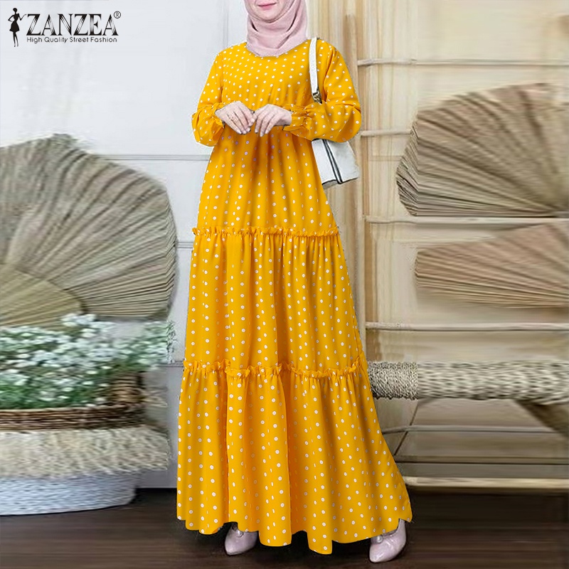 Đầm maxi ZANZEA tay dài ống loe họa tiết chấm bi thời trang dành cho bạn nữ