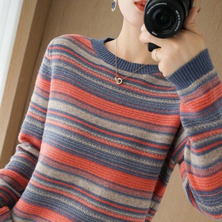 Áo sweater Dệt Kim Dáng Rộng Tay Dài Kẻ Sọc Cầu Vồng Thời Trang 2020 Mới Cho Nữ
