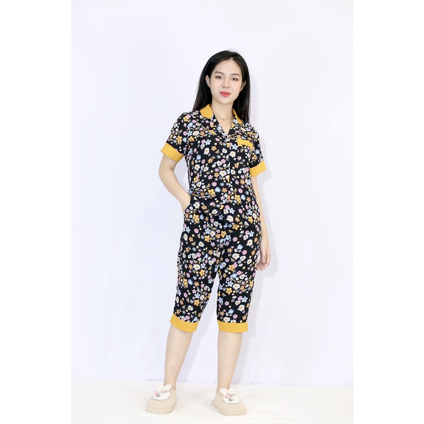 [HÌNH THẬT 100%] Bộ đồ Pijama nữ lửng MÀU ĐEN HOA NHÍ PHA CỔ VÀNG - vải lụa cao cấp - Cực Kì Sang Chảnh