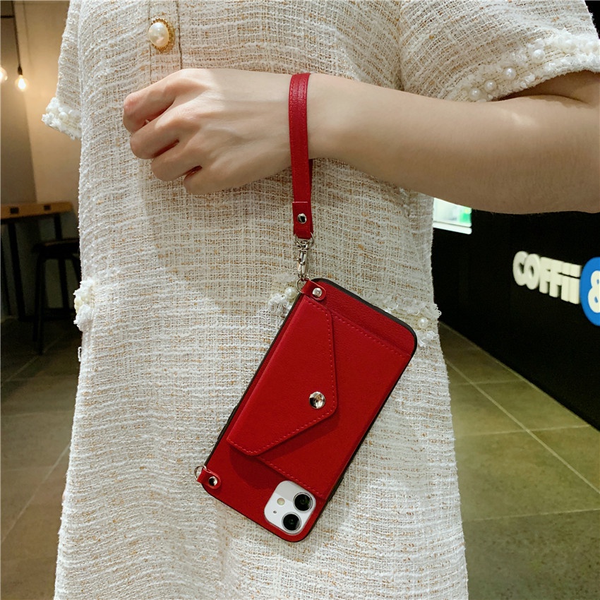 Ốp Điện Thoại Da PU Dạng Ví Có Dây Đeo Vai Cho iPhone 11 12 13 14 Pro Max 8 7 6 6s Plus X XR XS Max SE 2020