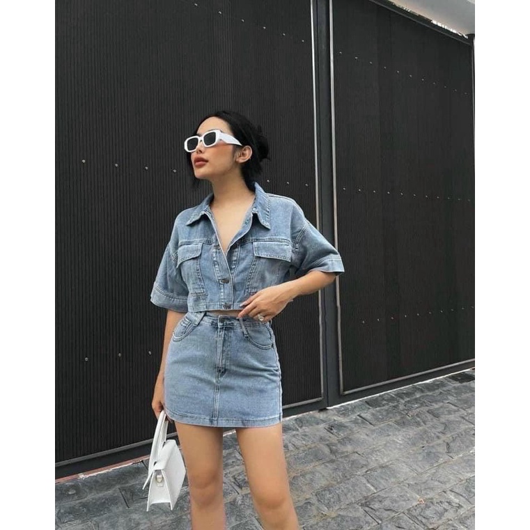 Sét áo jean croptop kèm chân váy jean kiểu dáng chữ A kiểu phong cách hàn quốc