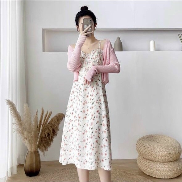 Set đầm nữ, đầm nữ 2 dây hoa nhí kèm áo khoác hồng xinh xắn đáng yêu đi làm đi chơi đều hợp hàng cao cáp Tây Thi Shop | BigBuy360 - bigbuy360.vn