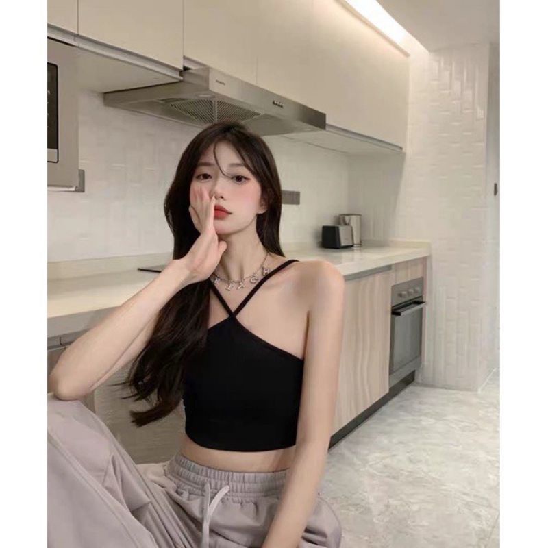 0Áo croptop cổ yếm nữ kiểu cột 2 dây ôm body thun gân tăm LOKISO CT12