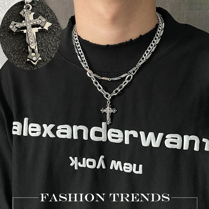 WX high-quality good things trendy men and women hip-hop punk cool silver titanium steel diamond cross necklace personality neutral simple and versatile necklace