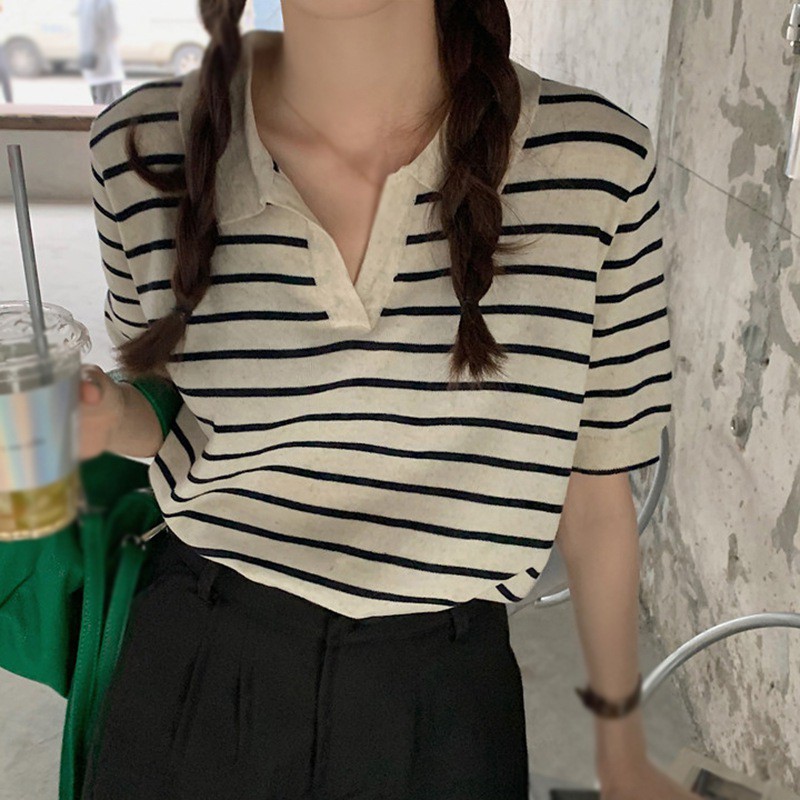 Áo Dệt Kim Thun Ngắn Tay Sọc Ngang Kiểu Hàn Quốc Dáng Rộng Mùa Hè Cho Nữ