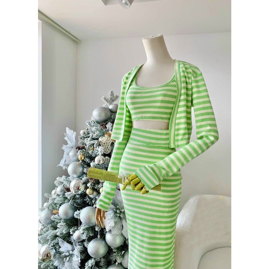 Sét 3 lỗ croptop phối chân váy dài body kèm áo khoác phối màu sọc cực xinh , chất thun gân dày dặn