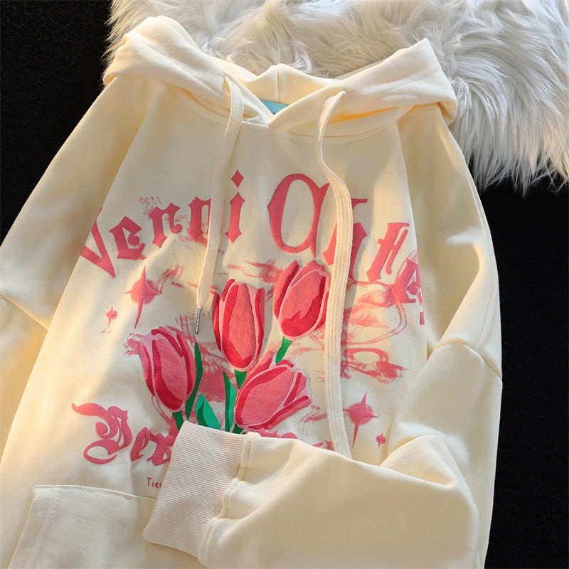 Áo Hoodie Dáng Rộng In Hình Hoa Tulip Thời Trang Mùa Thu Hàn Quốc Dành Cho Nữ