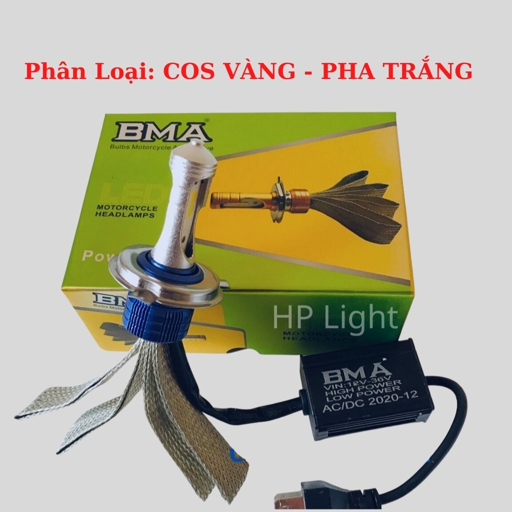 Đèn Pha Led Xe Máy 2 Tim Cos Vàng Pha Trắng H4 M5 Siêu Sáng Chính Hãng BMA HPLight F5