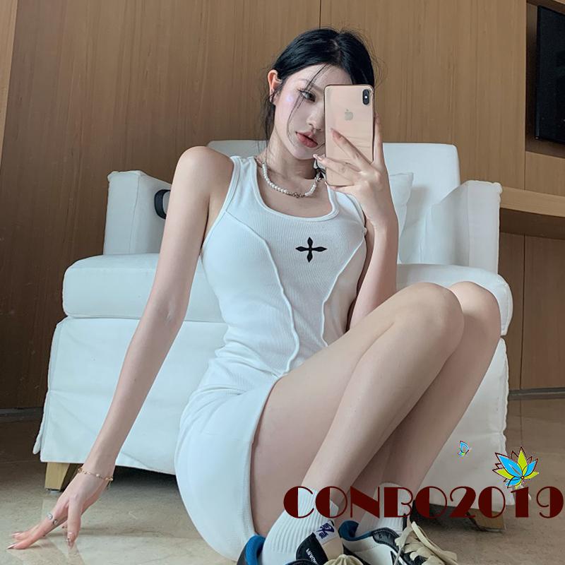 HGM-Ladies Slim Short Dress, Summer Autumn Women Leisure Style Geometric Printing U-neck Sleeveless Hip Dress