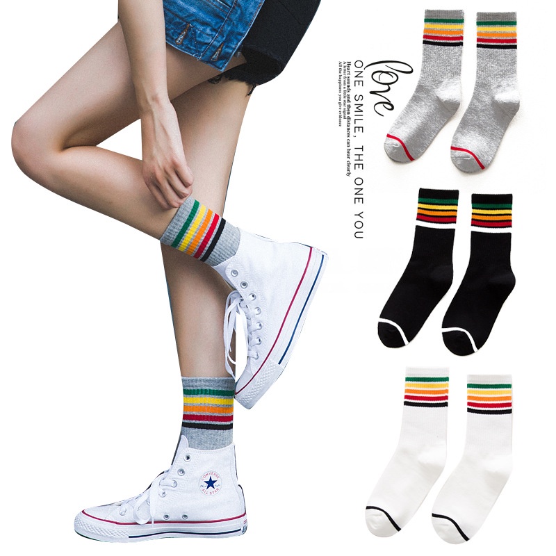 Vớ WAFNHA D27 cotton thể thao kẻ sọc cầu vồng thời trang cho nữ