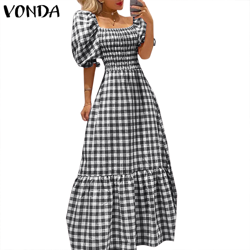 Đầm dài VONDA tay ngắn cổ vuông phong cách vintage sọc ca rô xếp ly