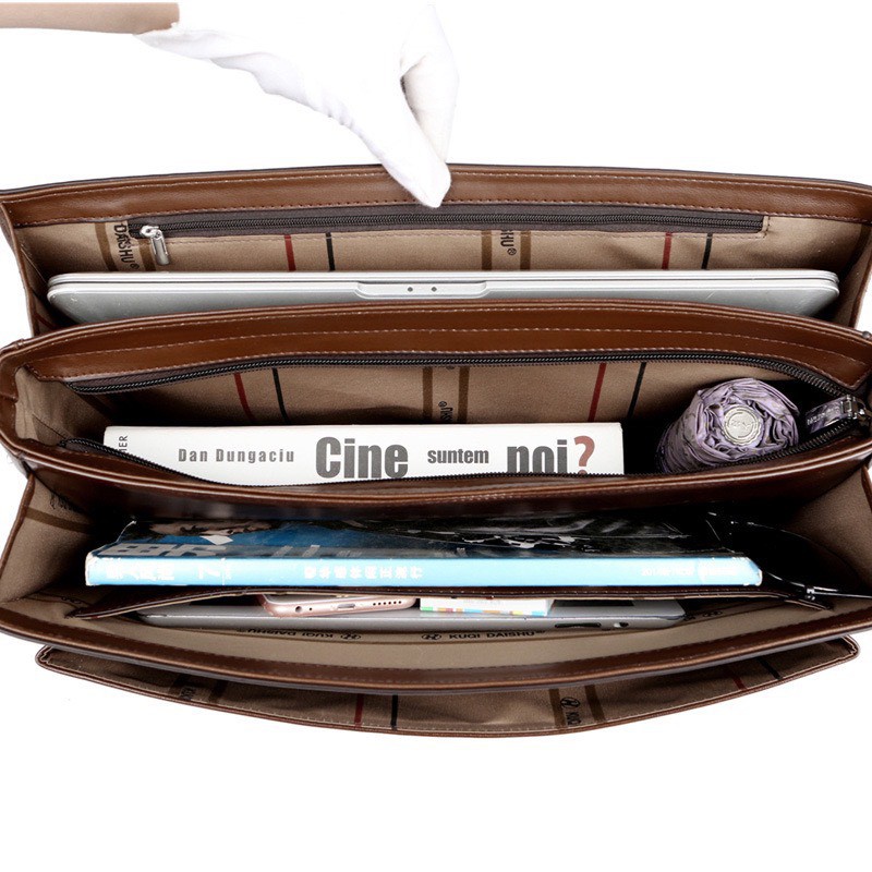 Túi xách cặp da giáo viên đựng laptop 14 inch da bò công sở T21 khóa số (Nâu-Đen) KT 38-27-7CM | BigBuy360 - bigbuy360.vn