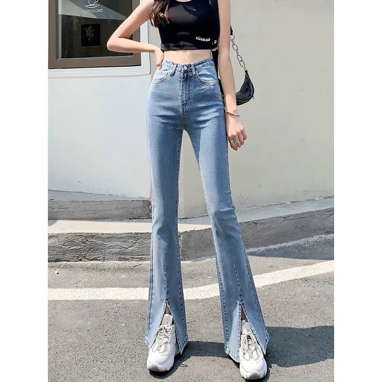 Quần Jeans Ống Loe Nữ Cạp Cao Quần Bò Xẻ Gấu Fullsize Co giãn T-Trend