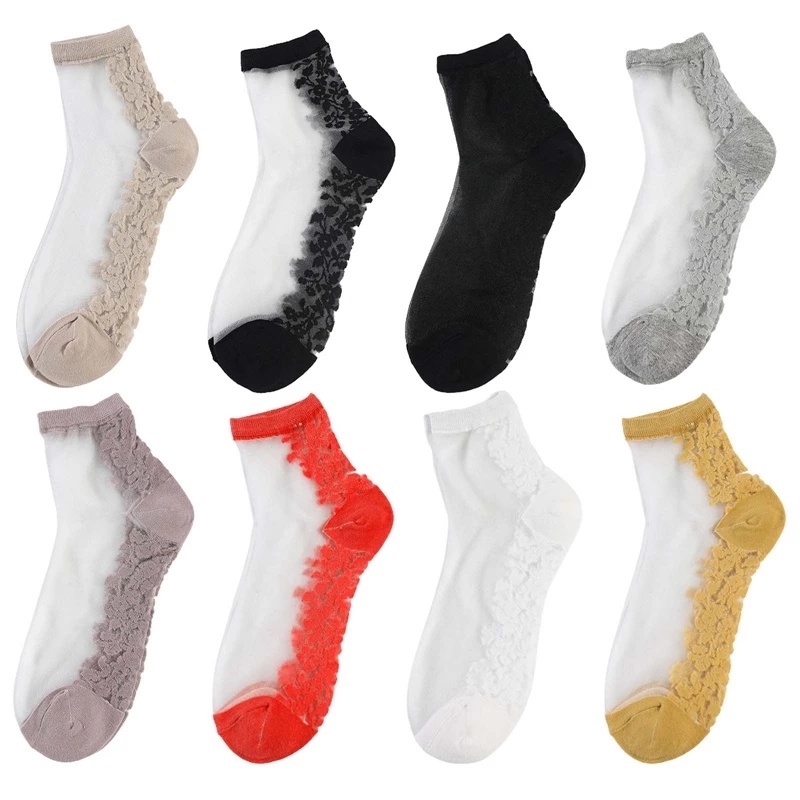 Set 3 Đôi Vớ Thuyền Cổ Thấp Bằng Lụa Thủy Tinh Trong Suốt Siêu Mỏng Phối Ren / Co Giãn Thoáng Khí