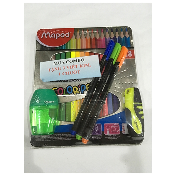 Combo Maped 13 - Chì 18 Màu + Bút Dạ Quang (Tặng Kèm 3 Viết Kim + 1 Chuốt ) - Maped