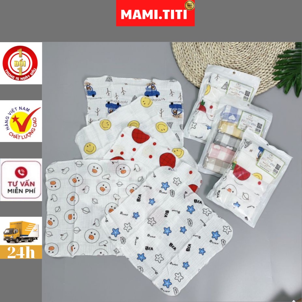 Khăn mặt cho bé, Set 5 khăn mặt sợi tre nhăn Wooyi họa tiết 100% cotton organic, kích thước 30x30cm