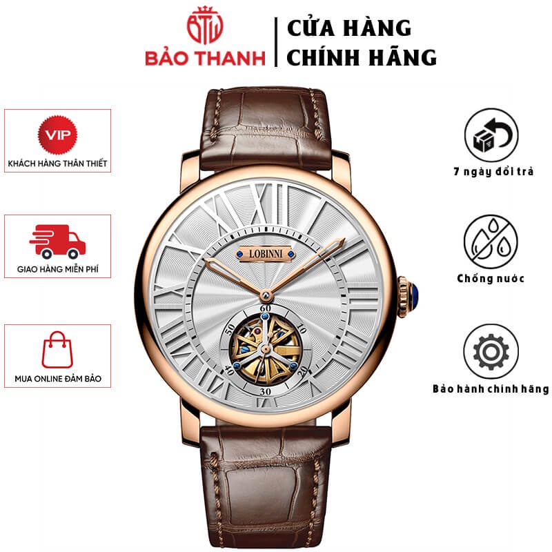 Đồng Hồ Nam LOBINNI No.1601-1 Chính Hãng BH 24T Chịu Nước 50m Kính Chống Xước Dây Da Cao Cấp (Máy Cơ Tự Động)