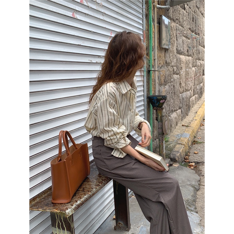 Áo Sơ Mi Tay Dài Dáng Rộng Họa Tiết Kẻ Sọc Phong Cách Hàn Quốc Thời Trang Cho Nữ