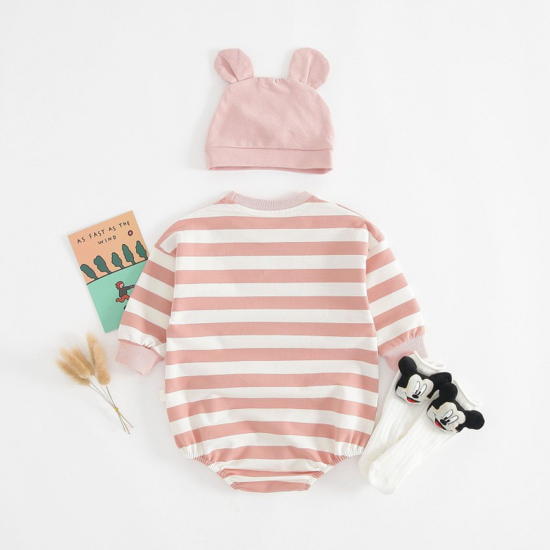 Set 2 Món Áo Liền Quần + Nón Vải Cotton Họa Tiết Sọc Ngang Xinh Xắn Dành Cho Bé