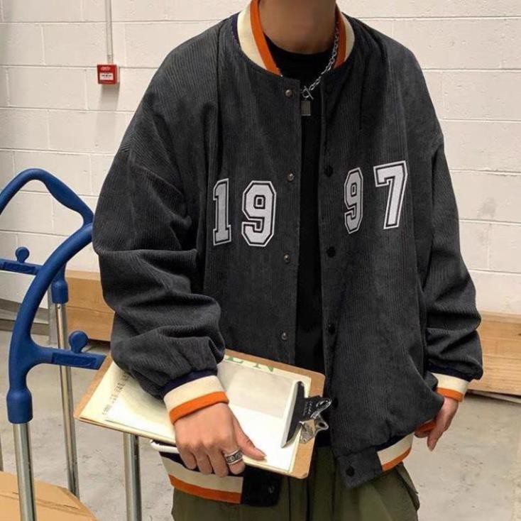 Áo khoác bomber kaki nhung bóng chày unisex form rộng 1997 nam nữ thời trang kim gia