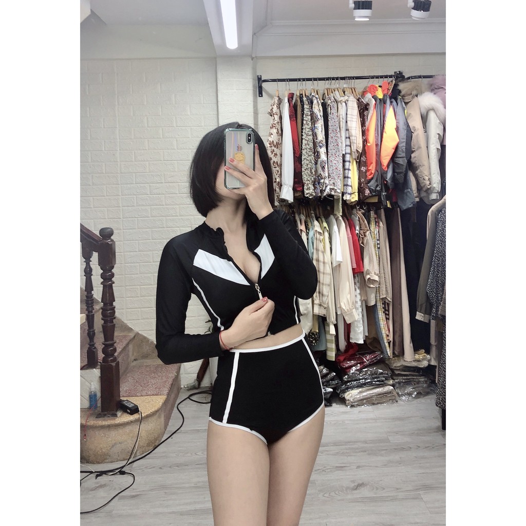 Bộ bơi 2 mảnh áo dài tay quần đùi, bộ bơi tắm biển cho nữ phối sọc kín đáo Bikini191