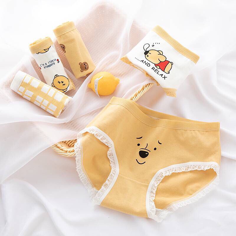 Quần lót nữ cotton viền ren hoạ tiết hình gấu vàng dễ thương 6166
