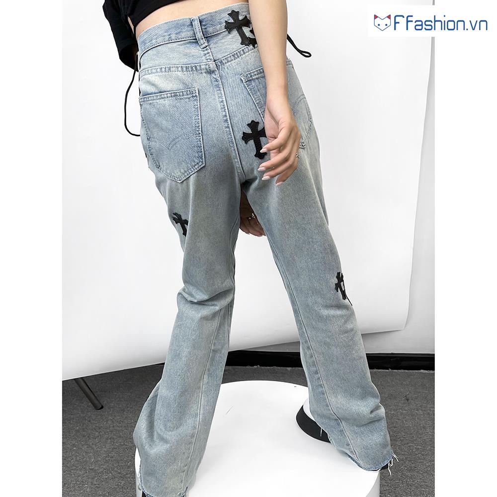 Honypove Quần Jeans Nữ Ống Rộng Lưng Cao Thêu Hoa