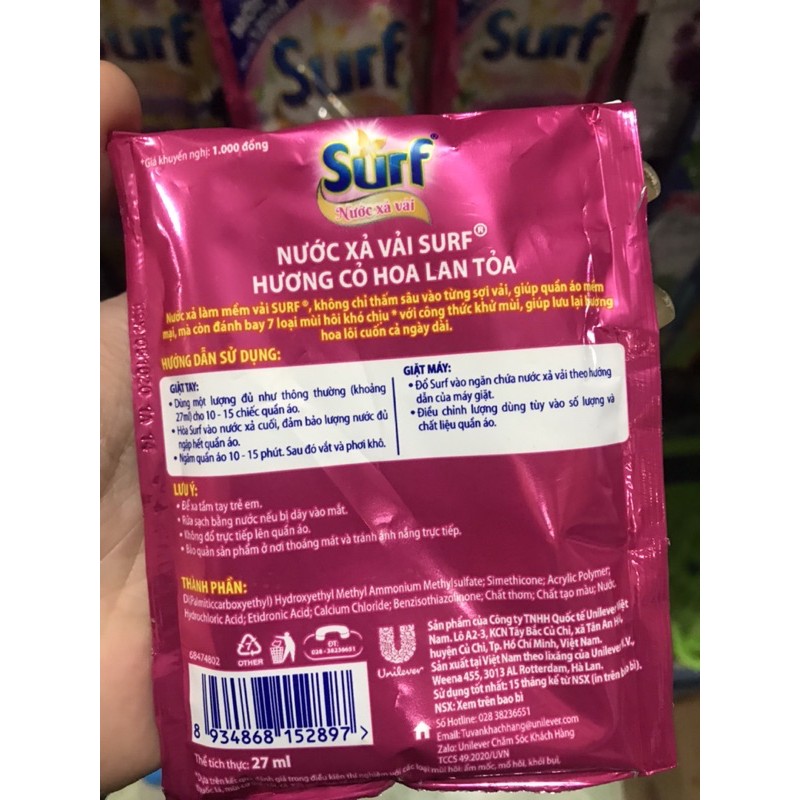 Nước Xả Vải SURF dây 10 gói x 27ml Khử Mùi Hương Hoa Lan Tỏa (Hồng) và Hương Hoa Lôi Cuốn (Tím) 27 ml