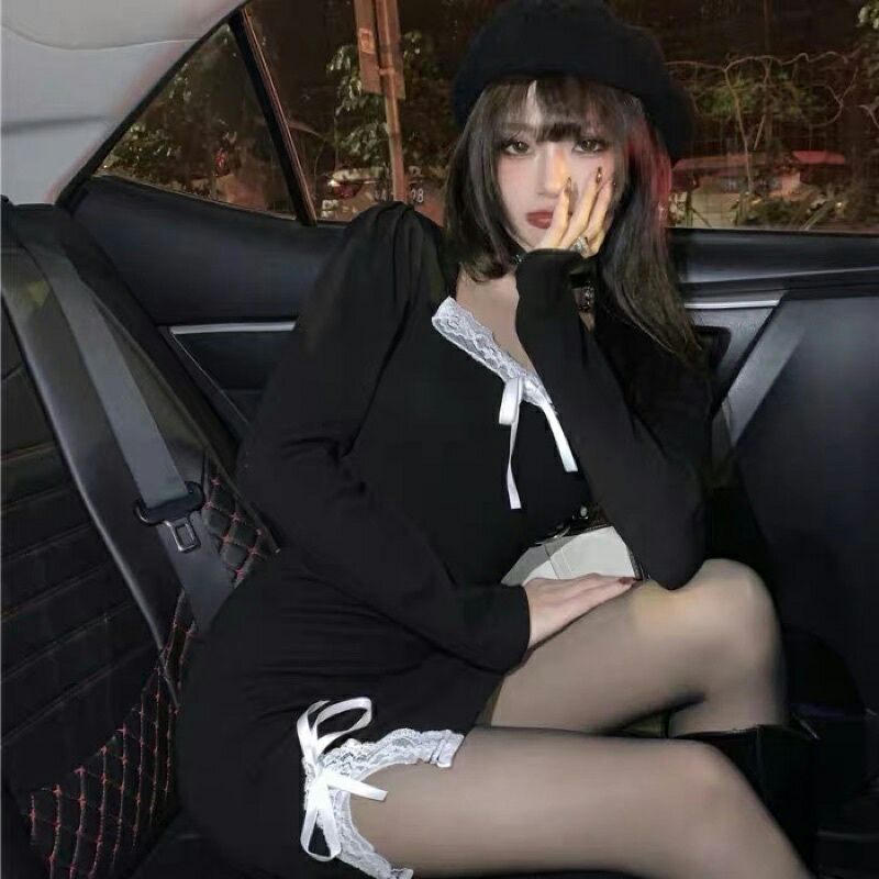 Váy body viền ren xẻ vạt dài tay Thu Đông