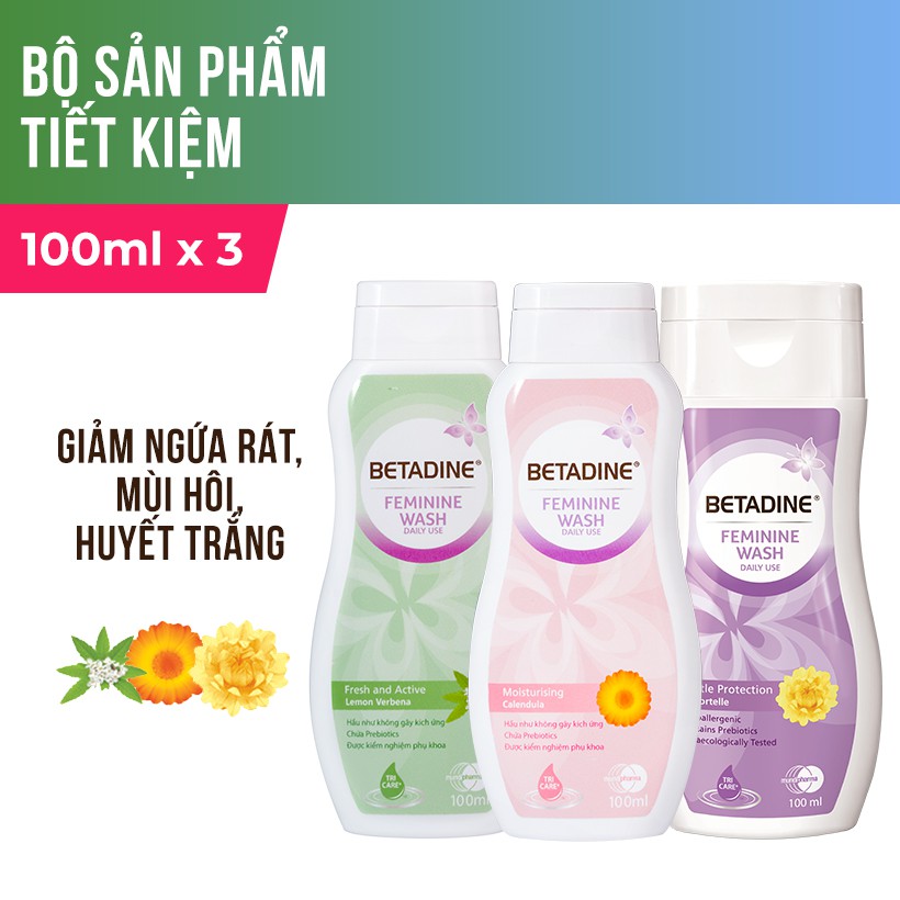 [Mã COSFS4 giảm 10% đơn 150K] Bộ 3 dung dịch vệ sinh phụ nữ Betadine (Tím, Hồng, Xanh) - chai 100ml