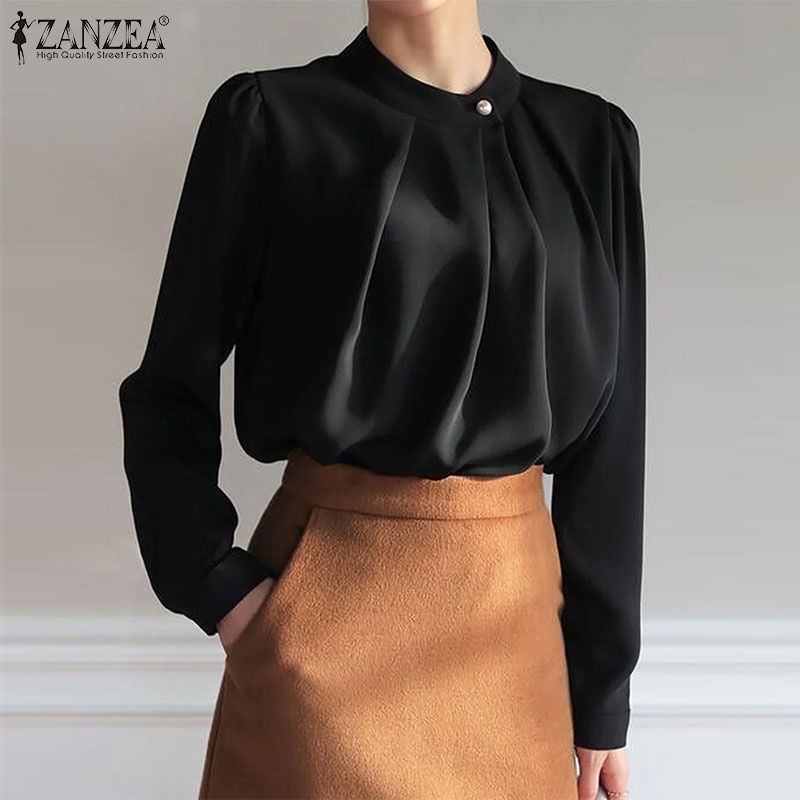 Áo Kiểu Zanzea Tay Dài Cổ Tròn Màu Trơn Thời Trang Thường Ngày Cho Nữ