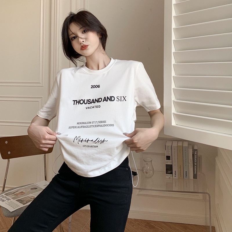 Áo Thun Tay Ngắn Dáng Rộng Phối Dây Rút Thời Trang Trẻ Trung Cho Nữ