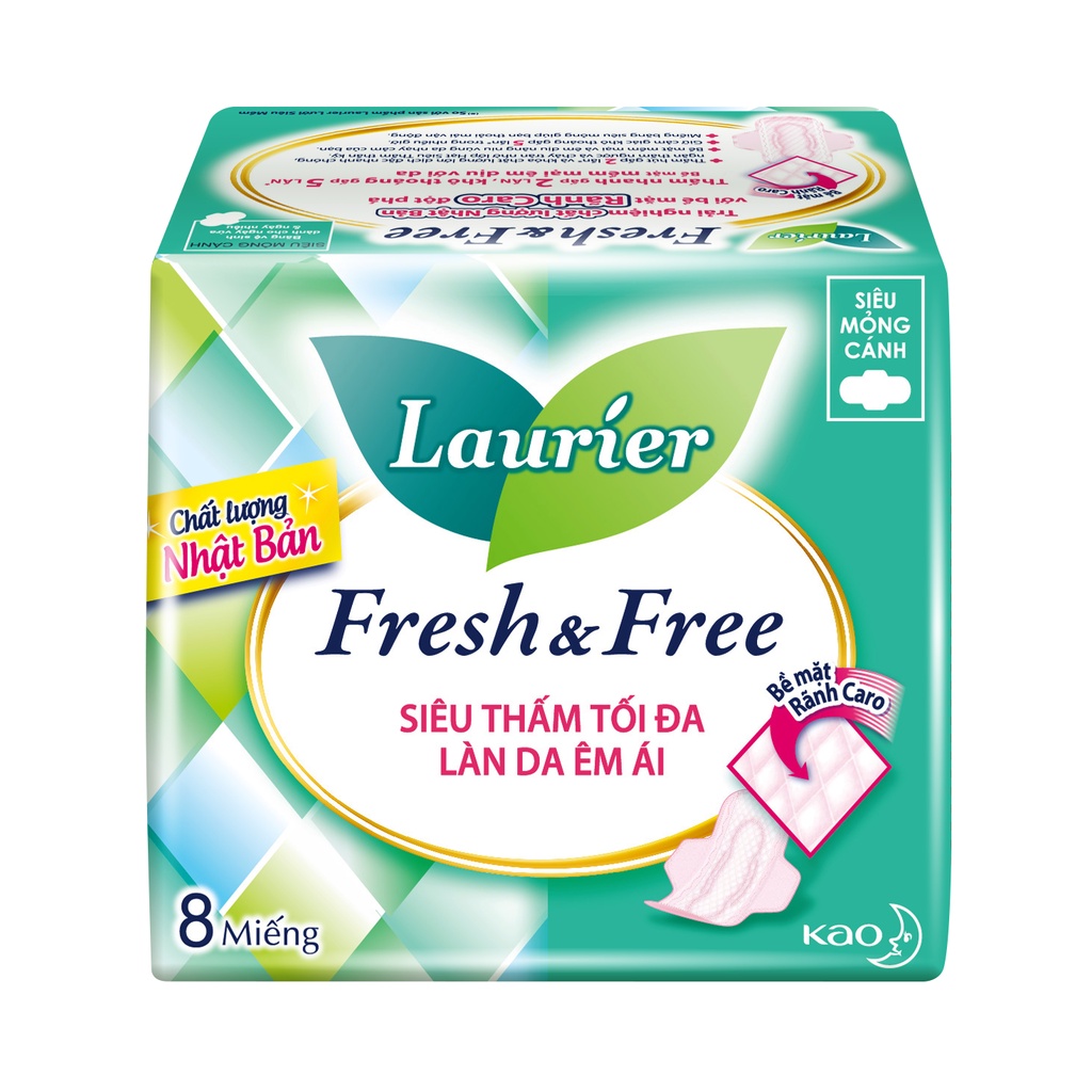 Băng Vệ Sinh Laurier Fresh & Free Siêu thấm Chống Tràn Siêu Mỏng Cánh - Không Cánh 8 miếng