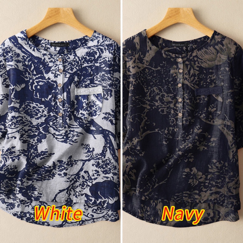 Áo kiểu Zanzea tay lửng cổ tròn in họa tiết thời trang cho nữ