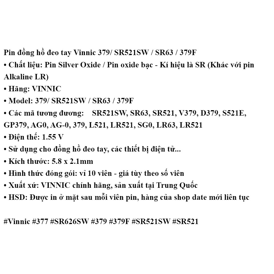 Pin đồng hồ oxit bạc Vinnic 379/ SR521SW / SR63 / 379F (Loại tốt - Giá theo số viên)