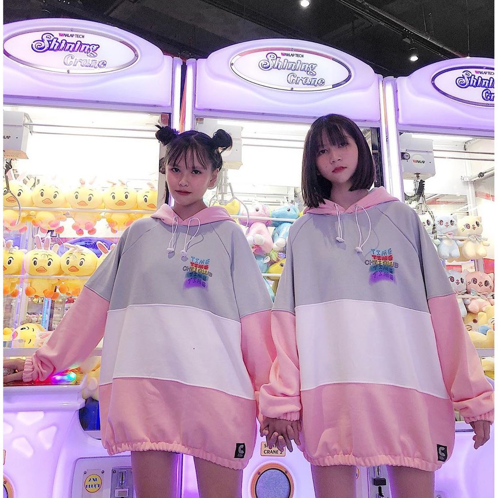 ÁO HOODIE TIME DON'T STOP - ÁO NỈ MŨ NGOẠI RAGLAN CHILI ĐỒNG HỒ XANH CAM HỒNG