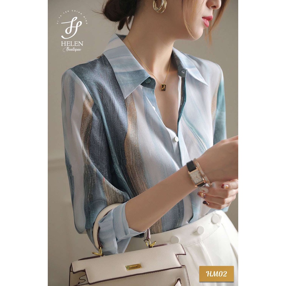 Áo sơ mi nữ công sở dài tay họa tiết sóng xanh thanh lịch - HM02 - Helen Boutique
